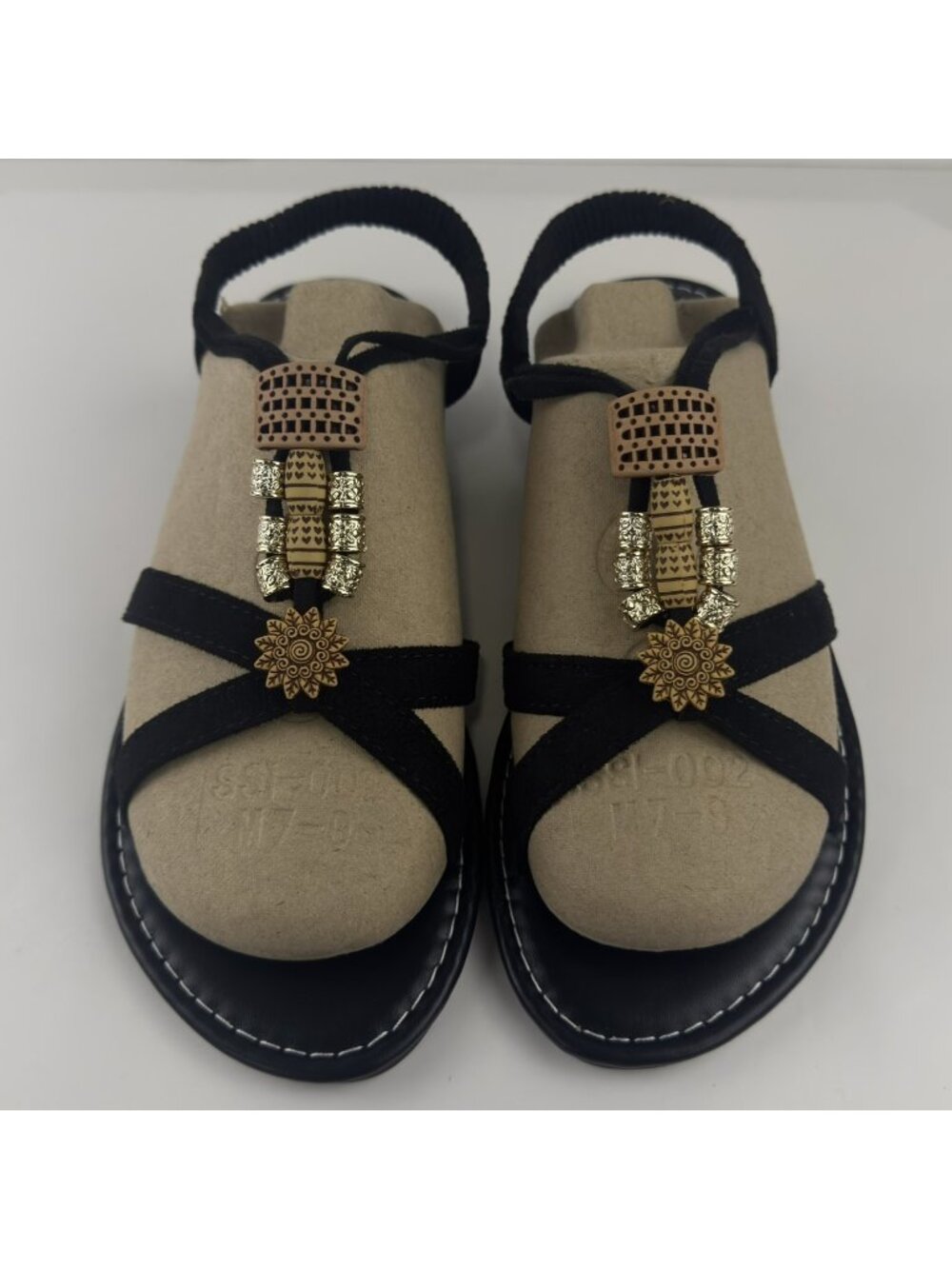 Boho Flat Sandals Women Sz 9.5 EU 41 Black Beaded Floral Elastic Ankle Strap NEW